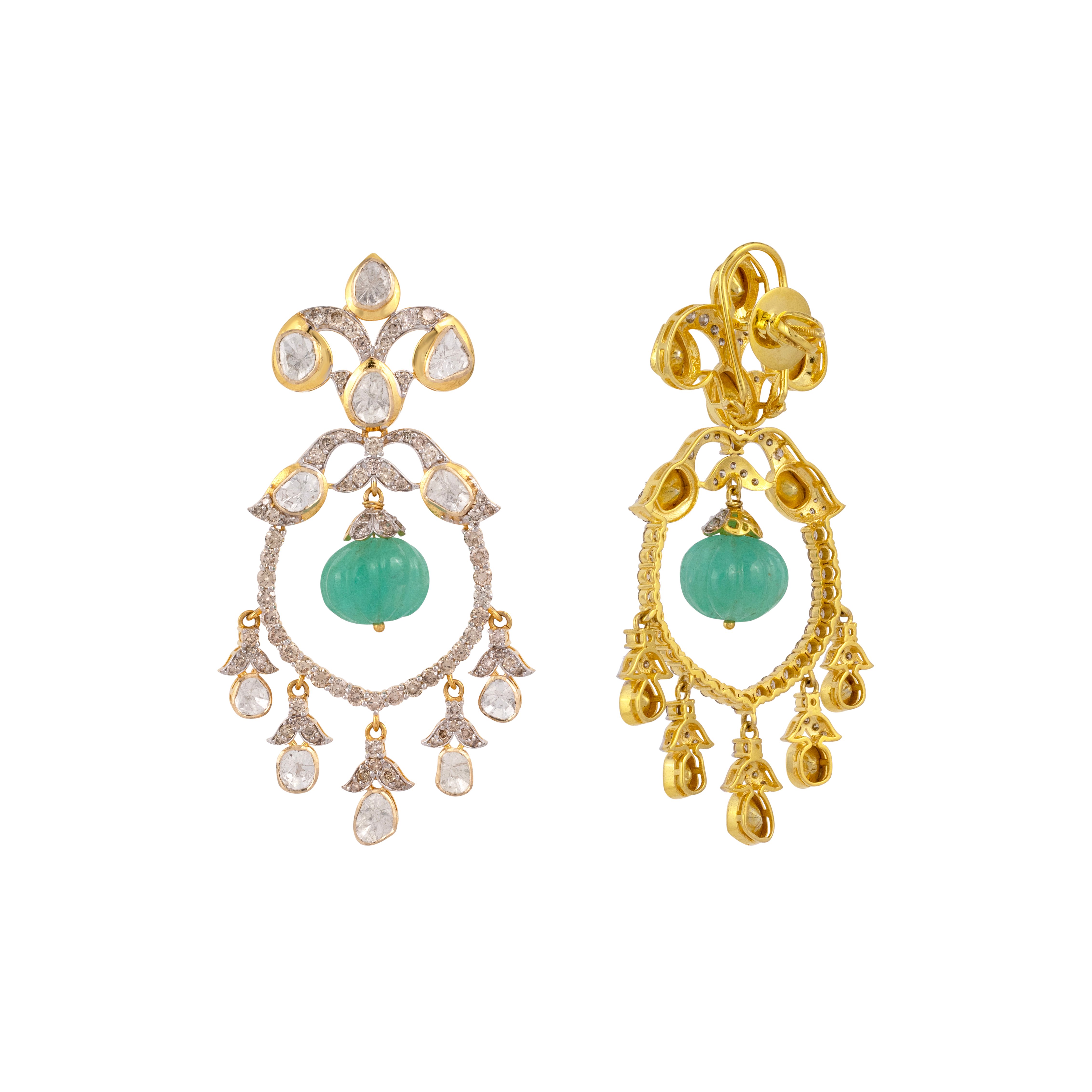 Polki Earring with Carved Emerald Melon Drop